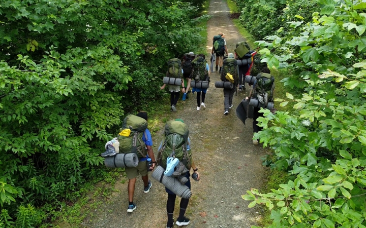 a group of backpackers hike along a path in green woods